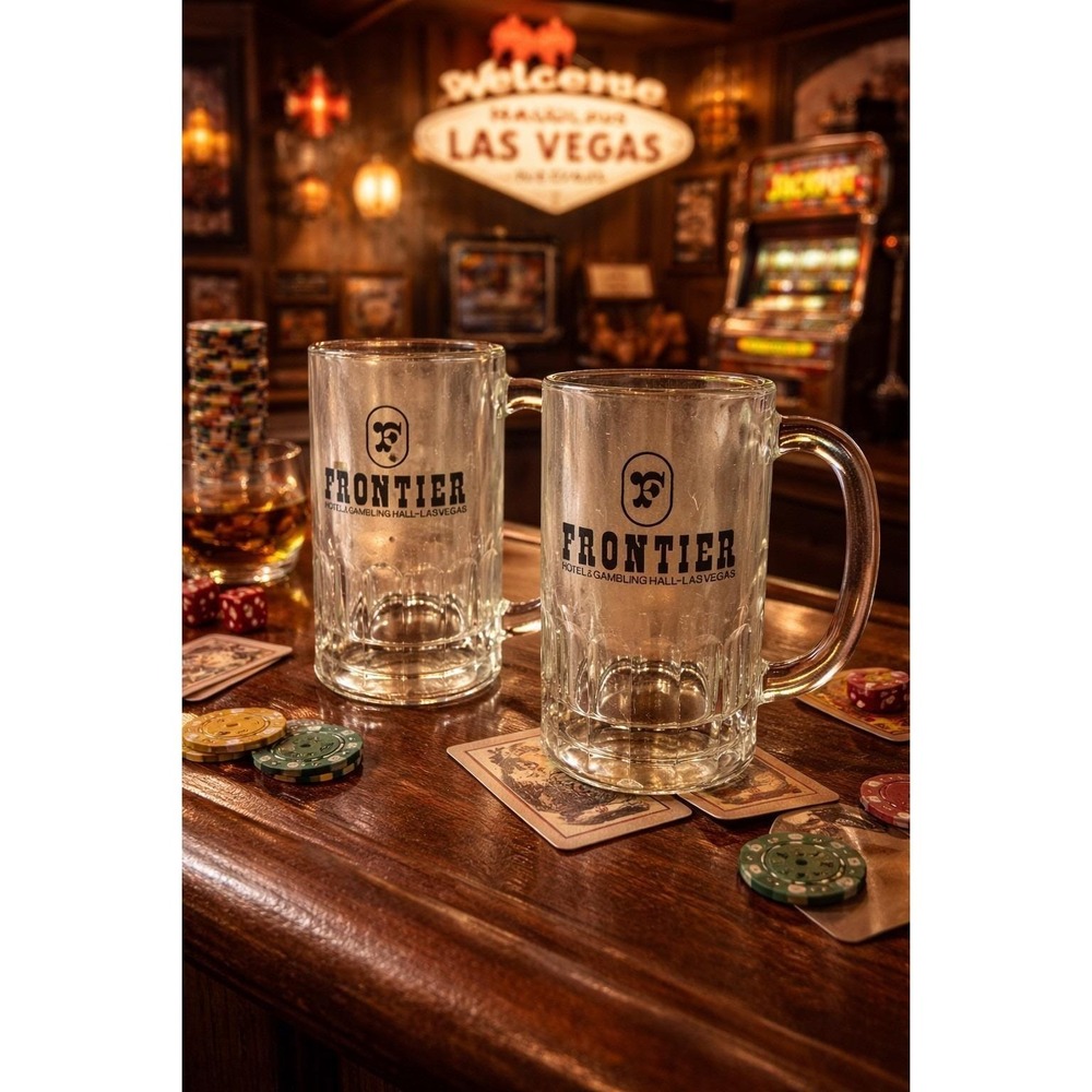 vtg glass‎ beer mugs 5" from Frontier Hotel & Gambling Hall in Las Vegas Barware